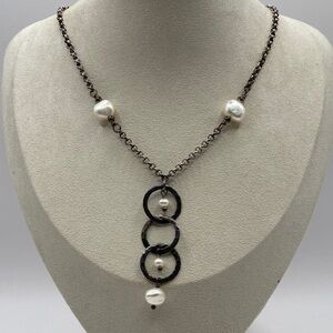Sterling Silver 925 Rolo Link White Freshwater Cultured Pearl Necklace